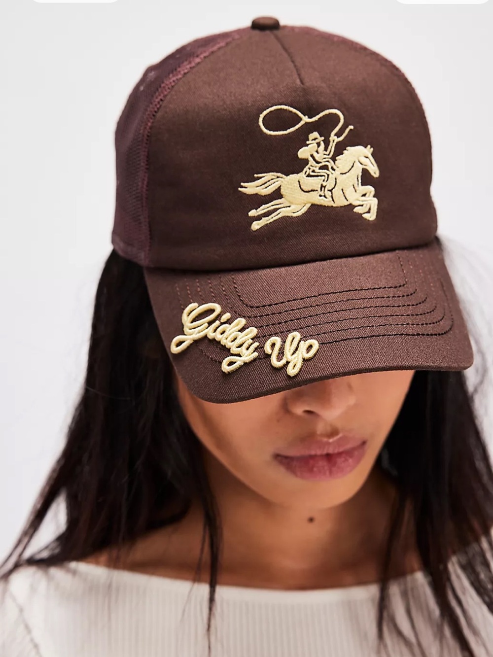 Giddy Up Brown Embroidered Trucker Cap